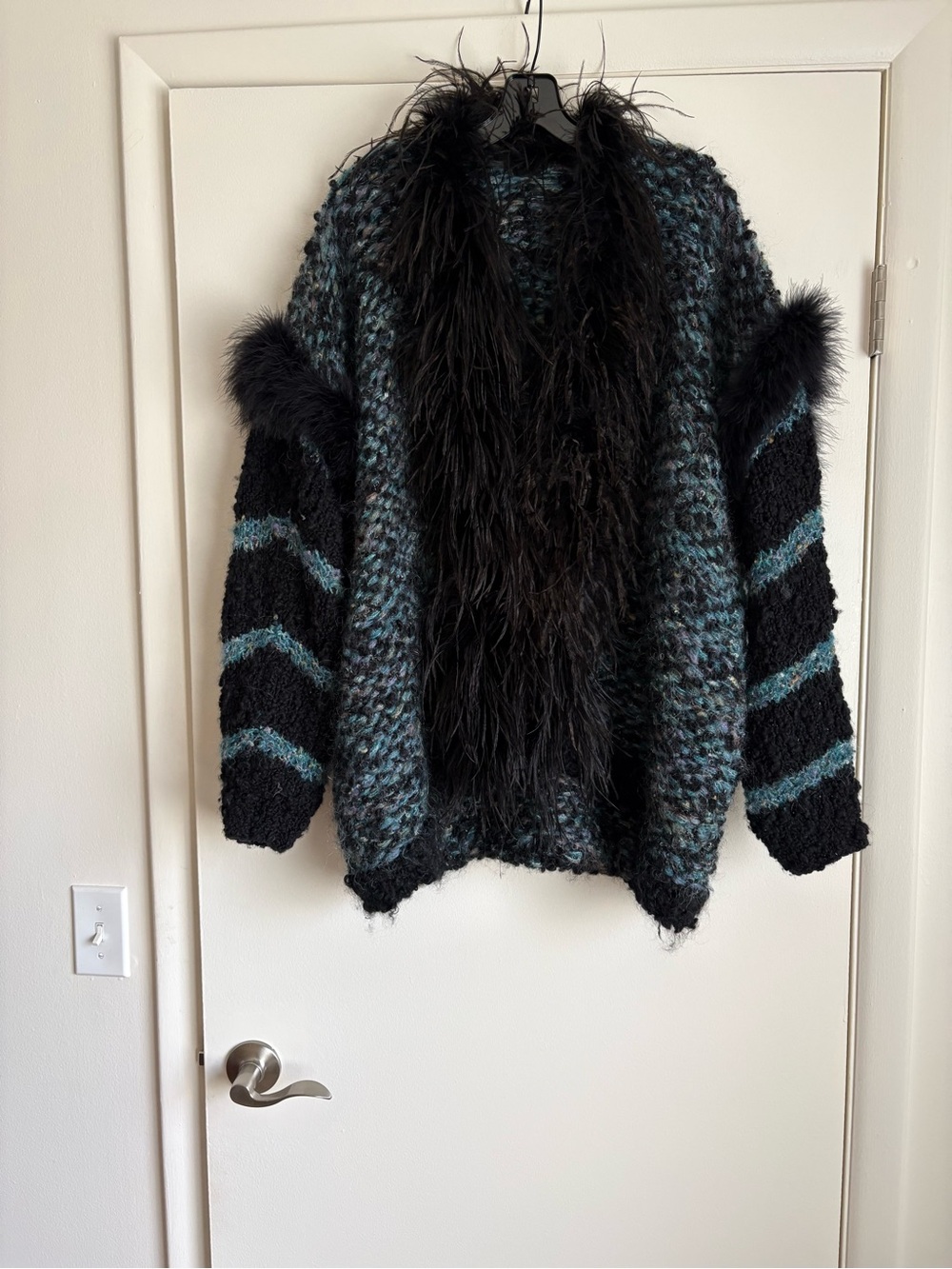 Boho Textured Black & Teal Cozy Knit Sweater with Faux Fur Trim